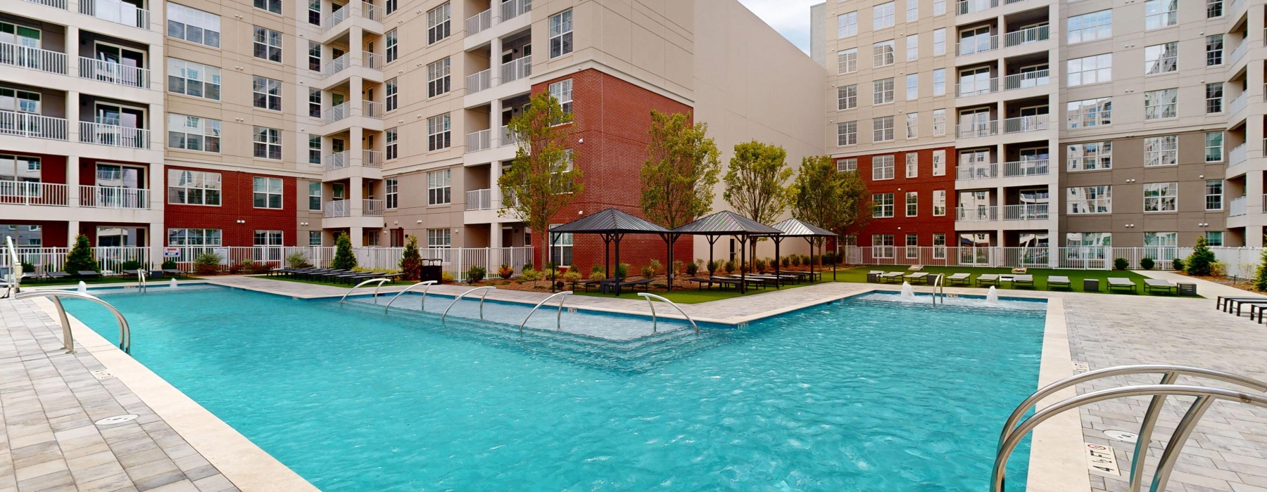 a courtyard with a swimming pool