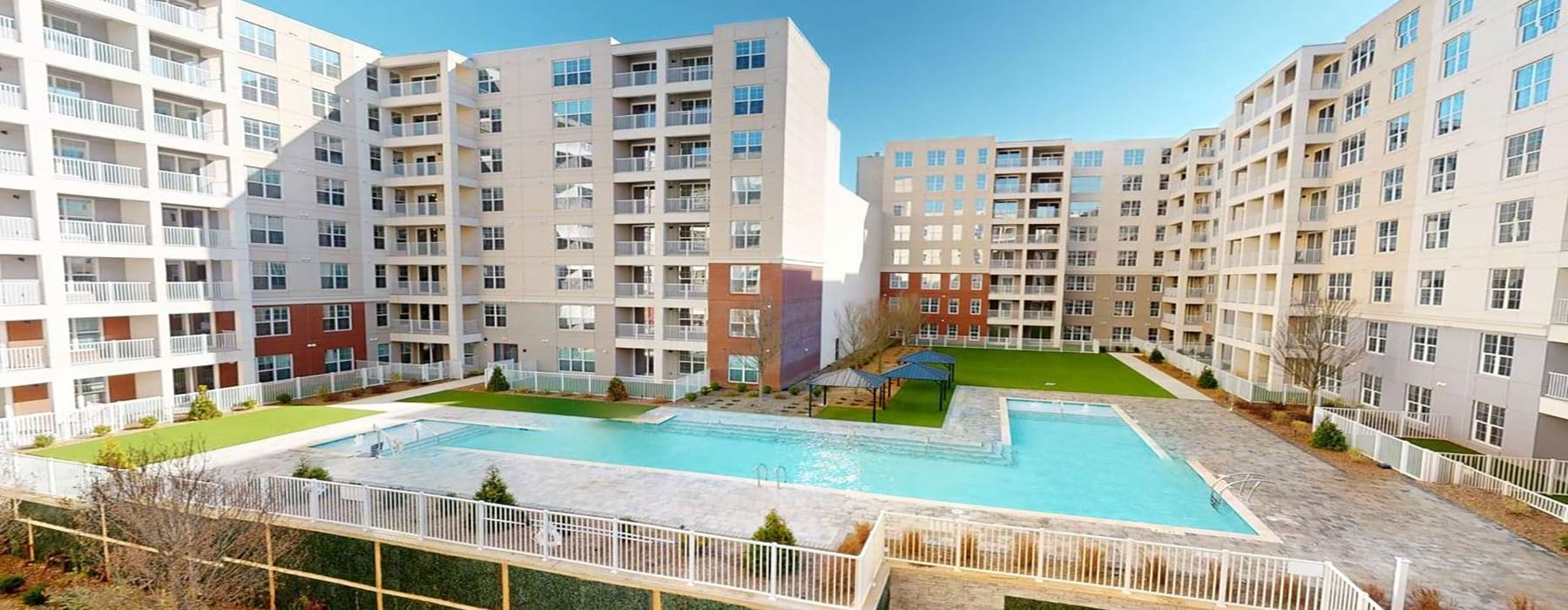 a courtyard with a swimming pool